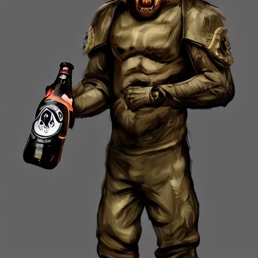 Image similar to a humanoid german shepherd beast - man in military style, holding a bottle of beer, artstation, concept art, smooth, sharp foccus ilustration, artstation