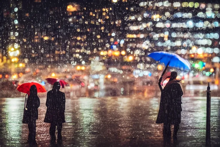 Prompt: canon, 300mm, bokeh, city at night, raining, reflections, people with umbrellas
