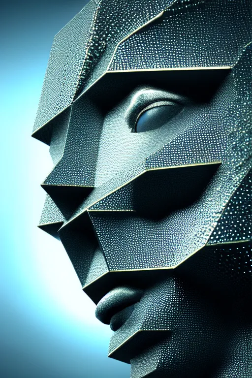 Image similar to hyperrealism, dreamland of chinese, halfturn portrait of a big crystal face made of crystals half - turn, ominous, slender and densely arranged teeth, futuristic, art deco, expressive, dystopian, cyberpunk, mecha, sss material, ominous, intricate, oc rendered, concept art, photorealistic, unreal engine render