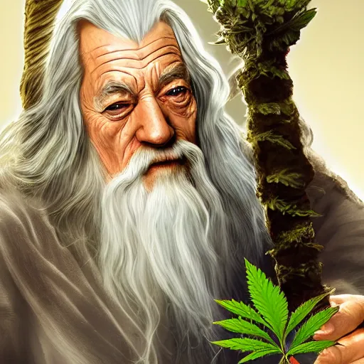Image similar to Gandalf from the hobbit holding a marijuana plant, amazing digital art, trending on artstation, highly detailed