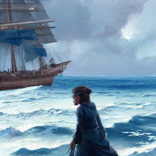 Image similar to A Pacific Islander woman watches a European tall ship approaching shore, digital art by Greg Rutkowski