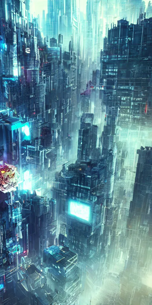 Prompt: a sentient cube destroying a dystopian city, cyberpunk, sharp focus, dynamic lights, still, photograph, hyper realistic, masterpiece, octane render, rendered, 3 d, cinematic, cinematic lighting, dramatic lighting, highly detailed, intricate details, texture, cinematic composition, wide shot, by donglu yu and kevin jick and eddie del rio