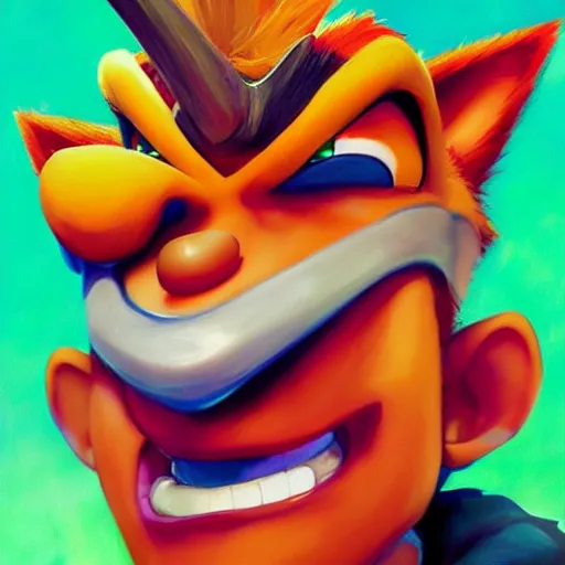 Prompt: upclose portrait of crash bandicoot making a crazy face, painterly style, vivid colors, by norman rockwell, very detailed picture with lots of emotion, trending on artstation, high fidelity, 8 k, has a very realistic look to it, hyper realism