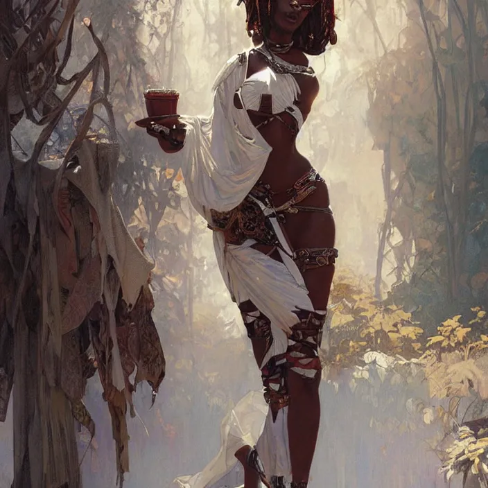 Image similar to african domme mistress, full body, dominatrix, tribal, smooth white tight clothe, ornate, very beautiful, concept art, realistic painting, digital art by greg rutkowski, by alphonse mucha