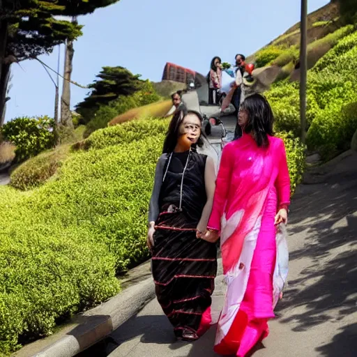 Prompt: A white woman and an East Asian woman, both wrapped in saris, walk up and down the hills of San Francisco on the arm of Indian boyfriends decked in normie tech bro outfits