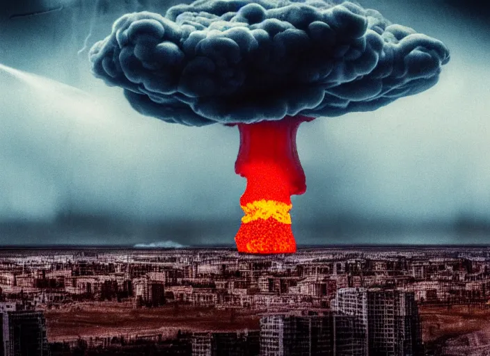 Image similar to nuclear explosion with a mushroom cloud and shock waves in the city . Horror dystopia style. Highly detailed 8k. Intricate. Nikon d850 300mm. Award winning photography.