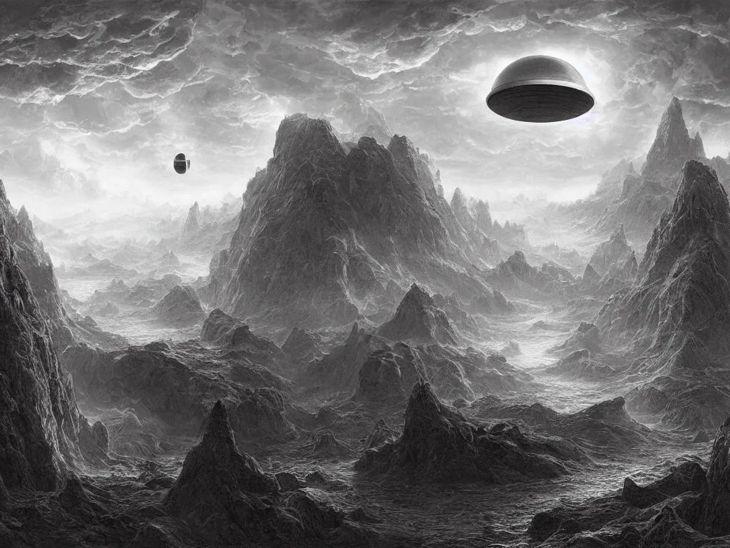 Prompt: a beautiful matte painting of a singular ufo by m. c. escher and gustave dore and sam spratt, cinematic, dynamic lighting, concept art, realistic, realism, colorful