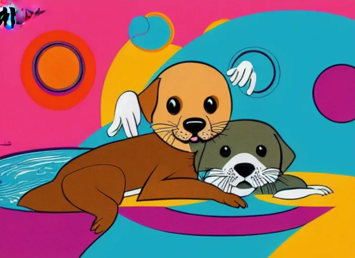 Image similar to dog and otter relaxing, colorful,modern art deco, disney poster, editorial illustration, detailed,