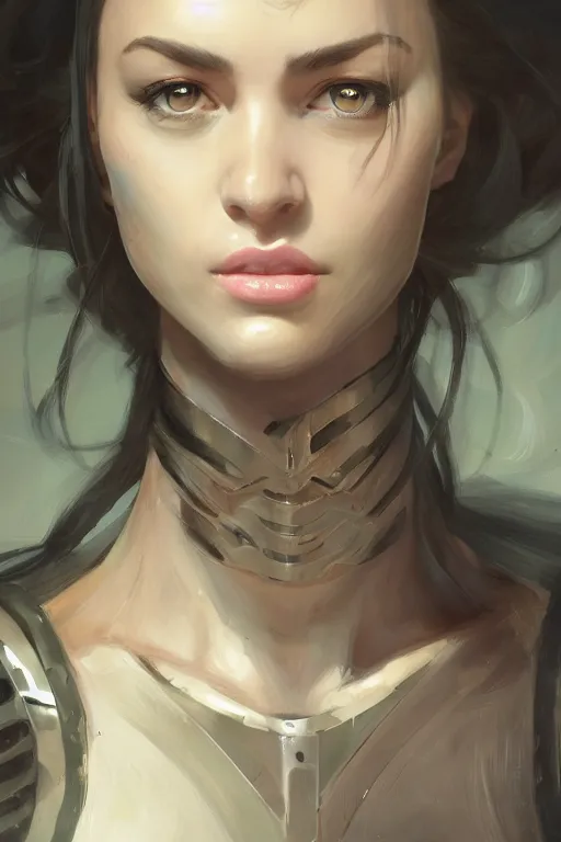 Image similar to a professionally painted portrait of an attractive young woman, clothed in military armor, olive skin, long dark hair, beautiful bone structure, symmetrical facial features, intricate, elegant, digital painting, trending on Artstation, concept art, smooth, sharp focus, illustration, from Metal Gear by Ruan Jia and Mandy Jurgens and Artgerm and William-Adolphe Bouguerea, award winning