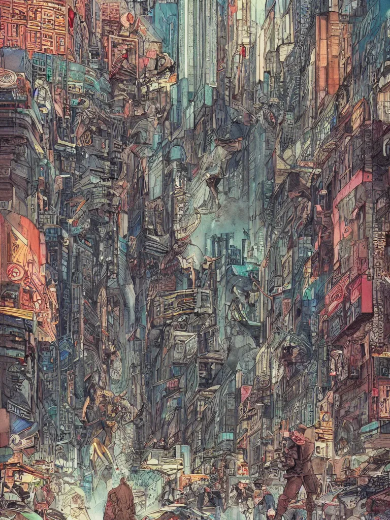 Image similar to busy futurepunk streetcorner, intricate colorful watercolor and ink artwork by moebius. trending on artstation, very coherent symmetrical artwork. cinematic, hyper realism, high detail