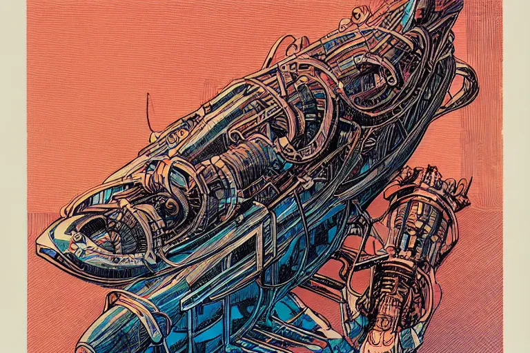 Image similar to risograph artwork of a biomechanical submarine underwater by Moebius and Alex Ross, intricately deteailed, trending on artstation