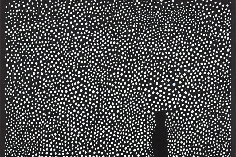 Prompt: black figure, faceless people dark, dots, drip, stipple, pointillism, technical, abstract, minimal, style of francis bacon, asymmetry, pulled apart, cloak, hooded cowl, made of dots, abstract, balaclava, colored dots, sploch