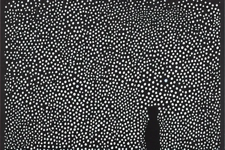 Image similar to black figure, faceless people dark, dots, drip, stipple, pointillism, technical, abstract, minimal, style of francis bacon, asymmetry, pulled apart, cloak, hooded cowl, made of dots, abstract, balaclava, colored dots, sploch