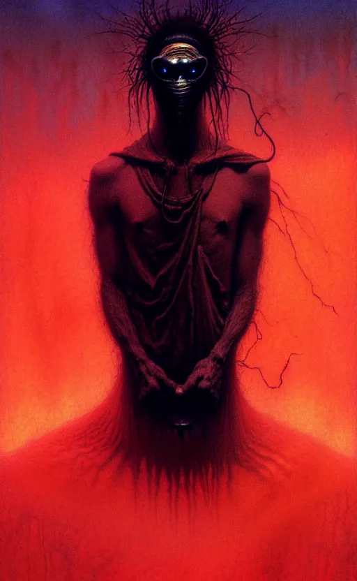 Image similar to a striking full body portrait of a pitch black masked eldritch shaman by moebius and beksinski and artgerm, detailed artwork, realism, 4 k resolution, detailed, high quality, sharp focus, hq artwork, insane detail, volumetric lighting, character concept art, fine details, tarot card, clear subject