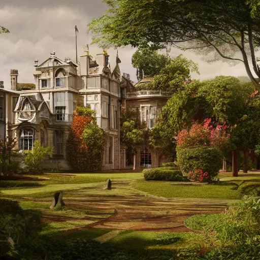 Prompt: a hyperreal digital art painting of a victorian era stately home and gardens, trending on artstation and behance