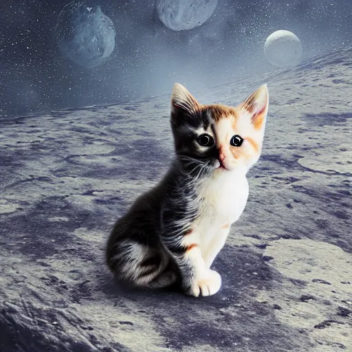 Prompt: kitten in space suit is running on the surface of moon, trending on artstation, 4 k