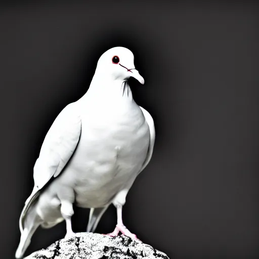 Image similar to a realistic photo of a white dove on a solid black background, high contrast, 8k, film grain, highly detailed