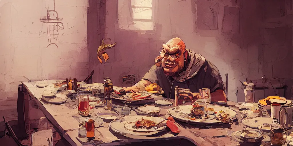 Image similar to cartoonish neil young eating dinner, vivid colors, character sheet, fine details, concept design, contrast, kim jung gi, greg rutkowski, trending on artstation, 8 k, full body, turnaround, front view, back view, ultra wide angle