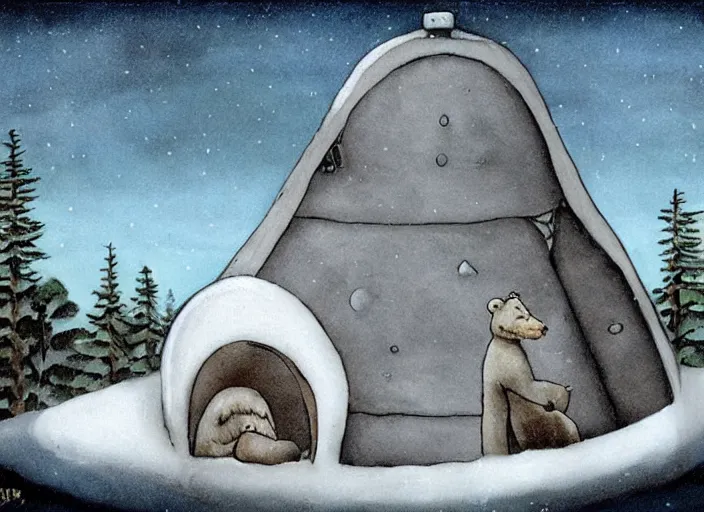 Image similar to an igloo with a chimney, walrus, polar bear, sleigh dogs, fish, giraffe, lowbrow in the style of mark ryden and john bauer,