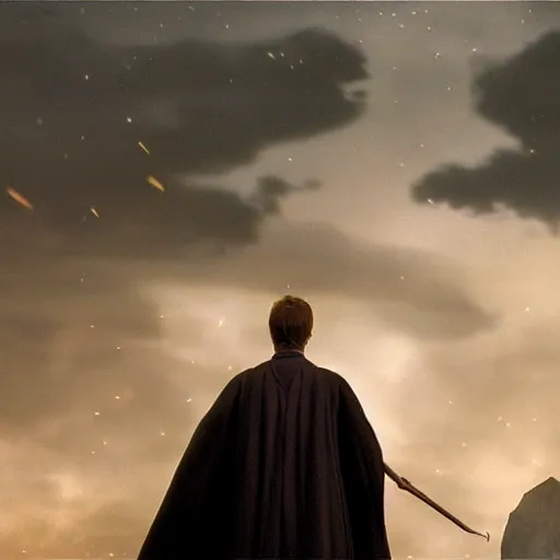 Prompt: Harry potter standing and casting a wand, back view, thunderclouds, cinematic shot, wide shot, epic scale, waving robe movement, photorealistic detail and quality, intricate ground stone, magical sigils, floating particle effects, movie still, nighttime, crescent moon, sharp and clear, action shot, intense scene, visually coherent, symmetry, rule of thirds, movement, photorealistic colors, cool colors transitioning to warm colors, award winning, directed by Steven Spielberg, Christopher Nolan, Tooth Wu, Asher Duran, Greg Rutkowski