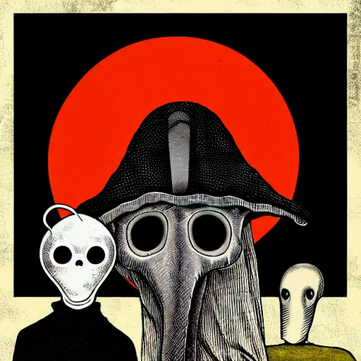 Prompt: a poster in the style of junji ito, of plague doctor treating patients,