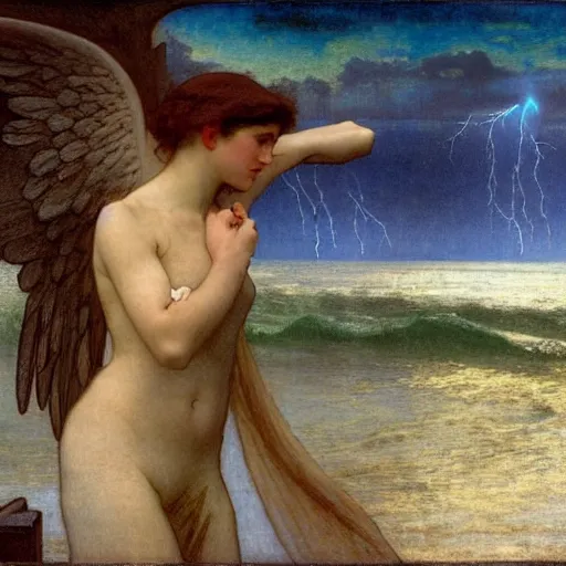 Image similar to Angels falling from the sky, jester leaving the castle through the bridge, thunderstorm, beach ocean on the background major arcana sky, by paul delaroche, alphonse mucha and arnold böcklin arnold böcklin hyperrealistic 8k, very detailed