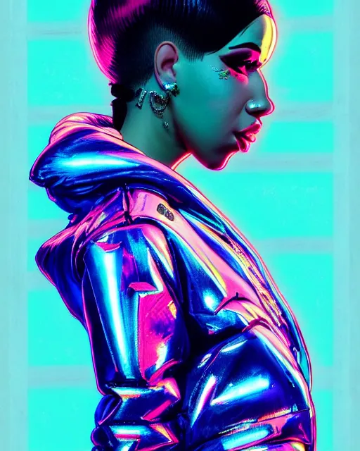 Image similar to detailed side profile portrait of Cardi B, cyberpunk futuristic neon, reflective puffy coat, decorated with traditional Japanese ornaments by Ismail inceoglu dragan bibin hans thoma greg rutkowski Alexandros Pyromallis Nekro Rene Maritte Illustrated, Perfect face, fine details, realistic shaded, fine-face, pretty face