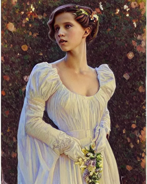 Image similar to an art nouveau painting of a girl resembling alicia vikander or millie bobby brown in a wedding dress, highly detailed, intricate, artstation, by donato giancola