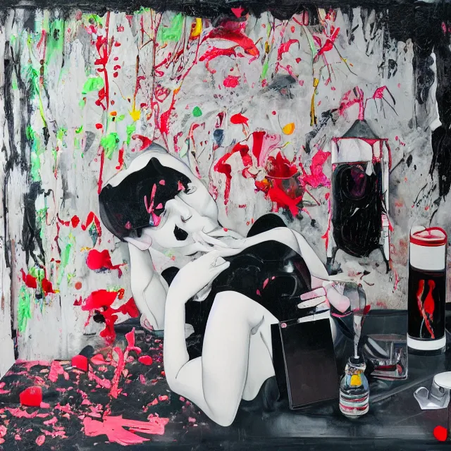 Image similar to empty room with black walls, sensual portrait of a female pathologist, broken vase, spilled flowers, puddle of water, octopus, squashed berries, neo - expressionism, surrealism, acrylic and spray paint and oilstick on canvas