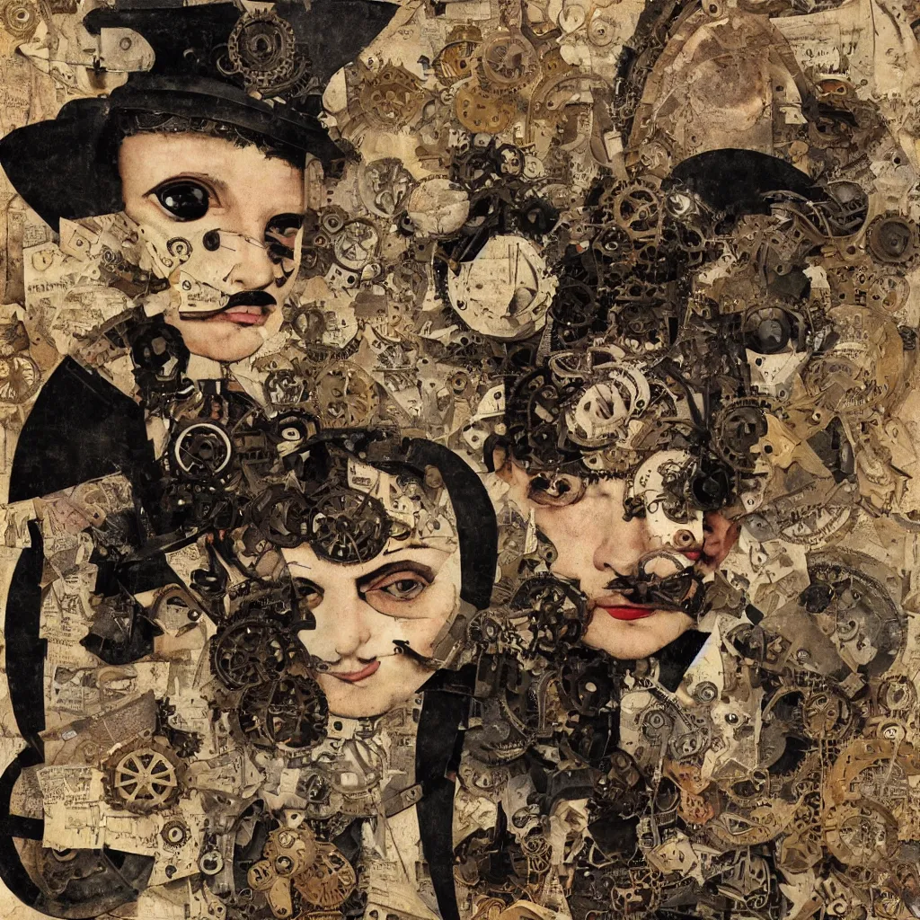 Prompt: steampunk boy with a super detailed and intricate mask, collage in the style of hannah hoch