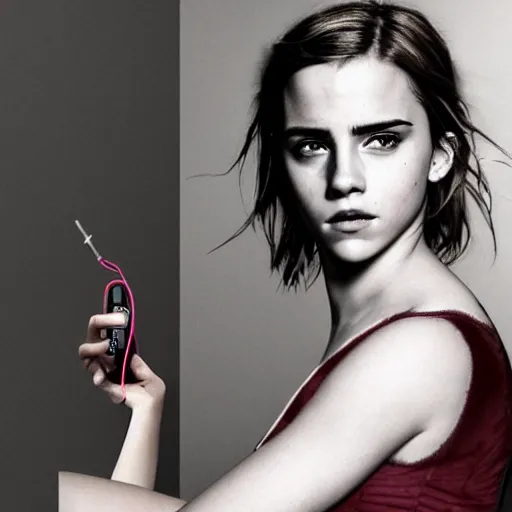 Prompt: a girl who is a mix of emma watson and scarlett johansson and nathalie portman, using a device to connect herself to a computer through an usb cable and a port in her arm, cables, it, very detailled, by david rutkowski