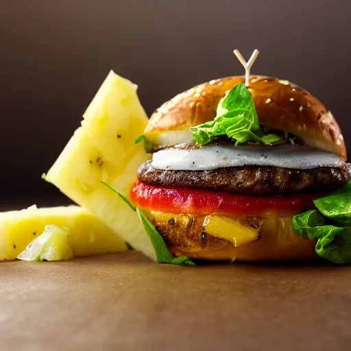 Image similar to a juicy hamburger with pineapple, 8 k resolution, food photography, studio lighting, sharp focus, hyper - detailed