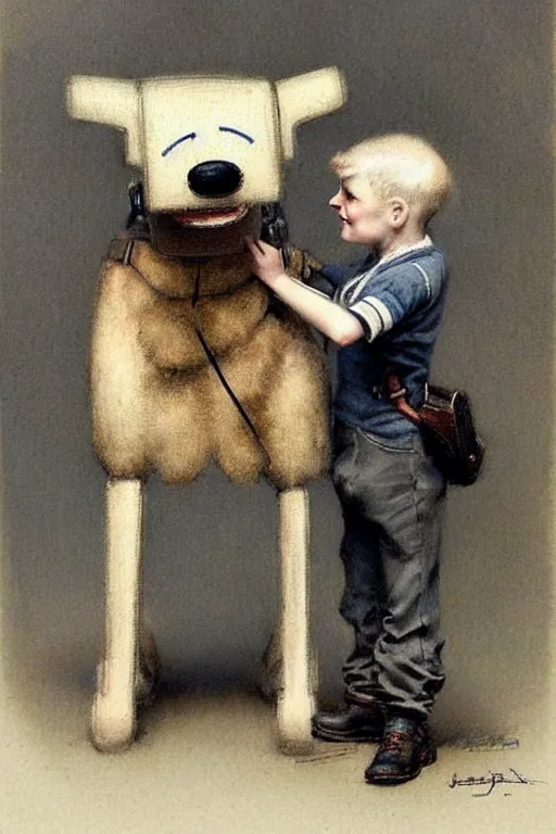 Image similar to (((((1950s boy and his robot box shaped k9 dog. muted colors.))))) by Jean-Baptiste Monge !!!!!!!!!!!!!!!!!!!!!!!!!!!