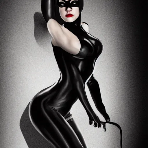 Prompt: Full-body portrait of Emma Stone as catwoman, trending on Artstation, realistic studio lighting, realistic shadows, by Jason Chan
