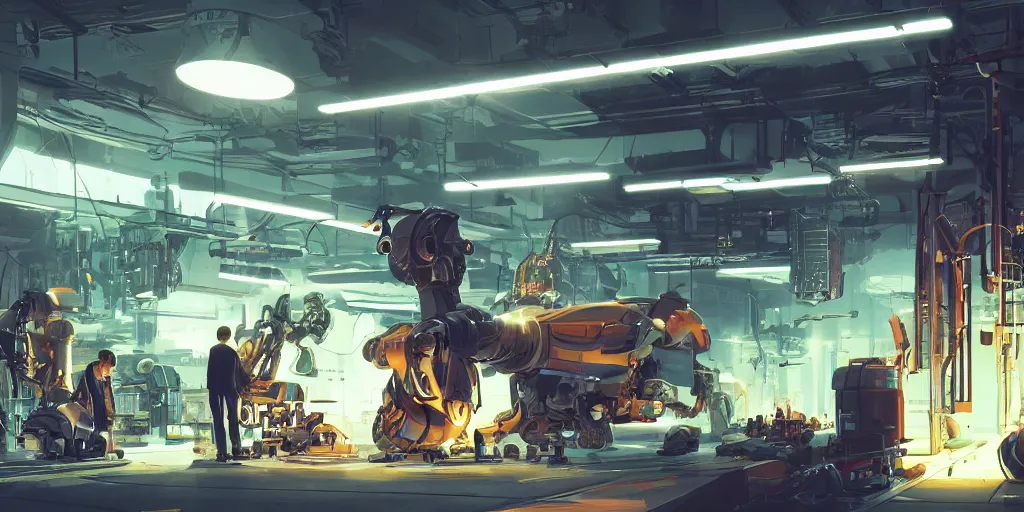 Image similar to concept art, retro - futurist robot repair workshop, neon glow, volumetric lighting, strong shadows, soft reflections, glowing robot motifs, octane render, curves, syd mead, akihiko yoshida, cinematic