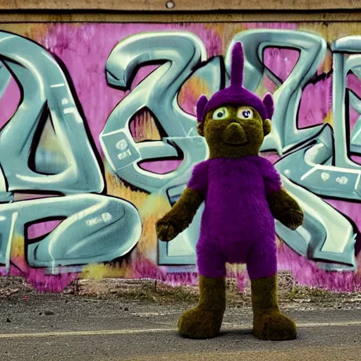 Image similar to Barney at war with mutant furry teletubbies in abandoned radiated graffiti town