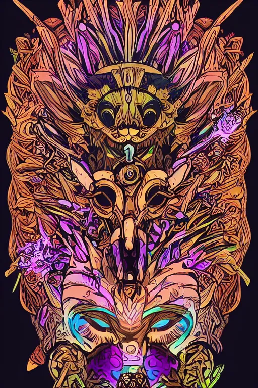 Image similar to animal mask totem roots flower tribal feather gemstone plant wood rock shaman vodoo video game vector cutout illustration vivid multicolor borderlands comics by josan gonzales and dan mumford radiating a glowing aura