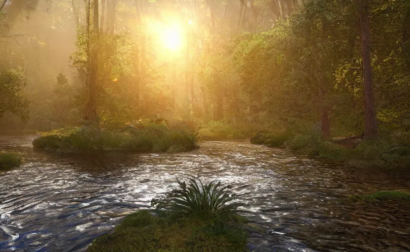 Image similar to a river in the middle of a forest at sunrise, vector art, trending on deviantart, highly detailed, high quality, 8 k, soft lighting, bloom, godrays, complementary colors, octane render, unreal engine 5, path traced, beautiful landscape, serene landscape, fancy colors