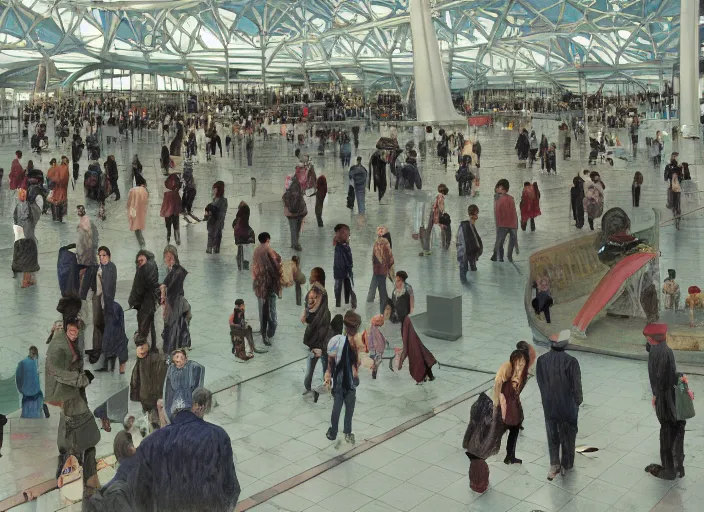 Prompt: people inside future airport, figures, in the style of matt murphy, enes dirig, jeremy enecio, intricate, miles johnston, monet, cynical realism, john william godward, painterly, yoshitaka amano, miles johnston, louise zhang, matt murphy, enes dirig, pekka halonen, finnish naturalism, realism