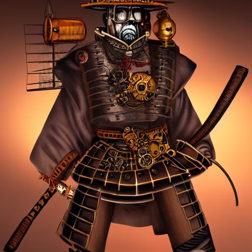 Image similar to steampunk samurai, artist interpretation, creatively depicted, 4 k photorealism, trending on artstation, 4 k quality