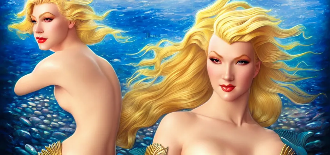 Image similar to photo of a gorgeous blonde female mermaid wearing metal armor in the style of alberto vargas and stefan kostic, realistic, half body shot, sharp focus, 8 k high definition, insanely detailed, intricate, elegant, art by stanley lau and artgerm, extreme blur coral reef background