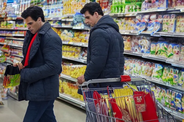 Image similar to Cinematography superman buying groceries in Moratalaz by Emmanuel Lubezky