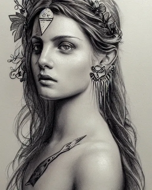 Image similar to realism tattoo sketch of a beautiful greek goddess aphrodite wearing a laurel wreath and arrowhead earrings, beautiful confident eyes, beautiful flowing hair, glowing god eyes, hyper realistic face, in the style of greg rutkowski, fantasy, amazing detail, epic, elegant, smooth, sharp focus, from the front