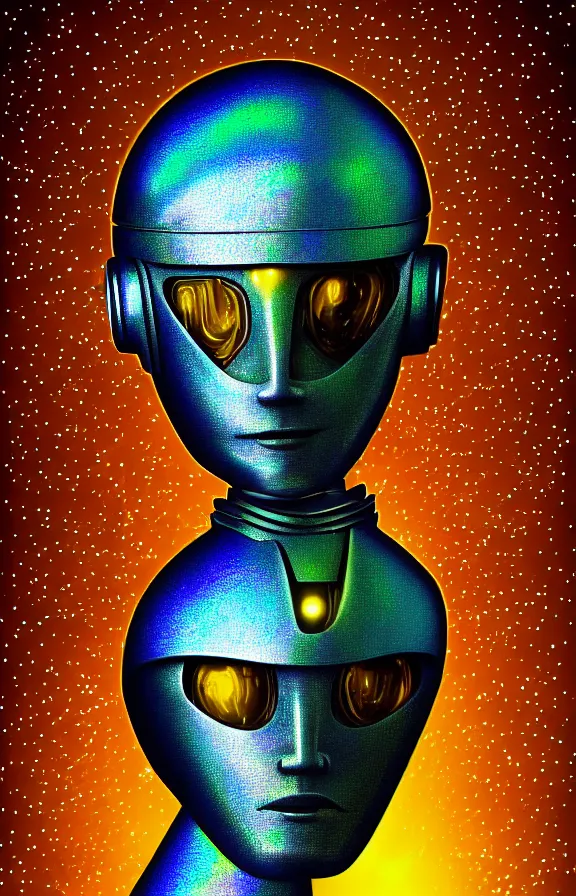 Image similar to portrait of a robot humanoid alien with golden armature and medieval helmet. Galactic iridescent background in the style of Tim white and moebius