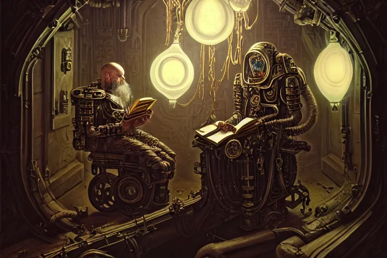 Prompt: Mechanicus Tech-Priest reading an old book, fantasy, sci-fi, intricate, elegant, dramatic lighting, emotionally evoking symbolic metaphor, highly detailed, lifelike, photorealistic, digital painting, artstation, concept art, smooth, sharp focus, illustration, art by John Collier and Albert Aublet and Krenz Cushart and Artem Demura and Alphonse Mucha