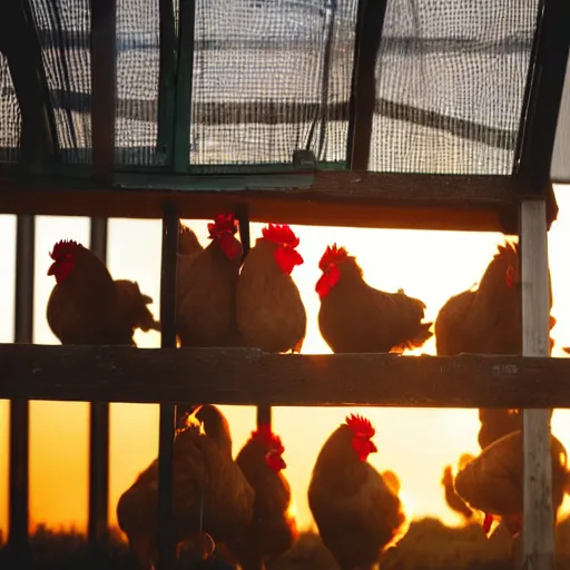 Prompt: chickens roosting in golden hour light in coop on farm