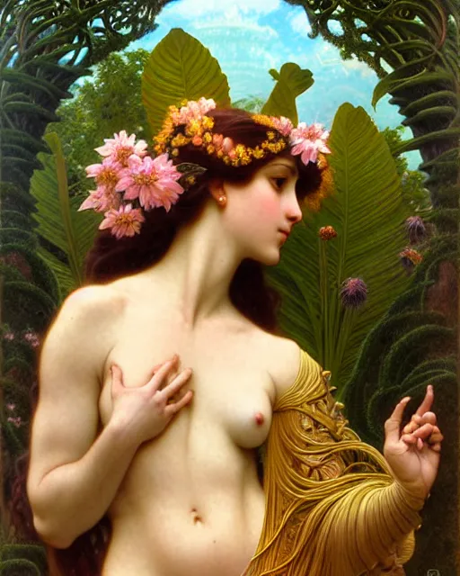 Image similar to goddess of nature, unusual beauty, fauna, flowers, plants, emotionally evoking symbolic metaphors, head in focus, fantasy, ornamental, intricate, elegant, sensual, highly detailed digital painting, artstation, concept art, painterly, golden ratio, sharp focus, illustration, art by John William Godward and Alphonse Mucha and Boris Vallejo and Arcimboldo and Zdzisław Beksiński,