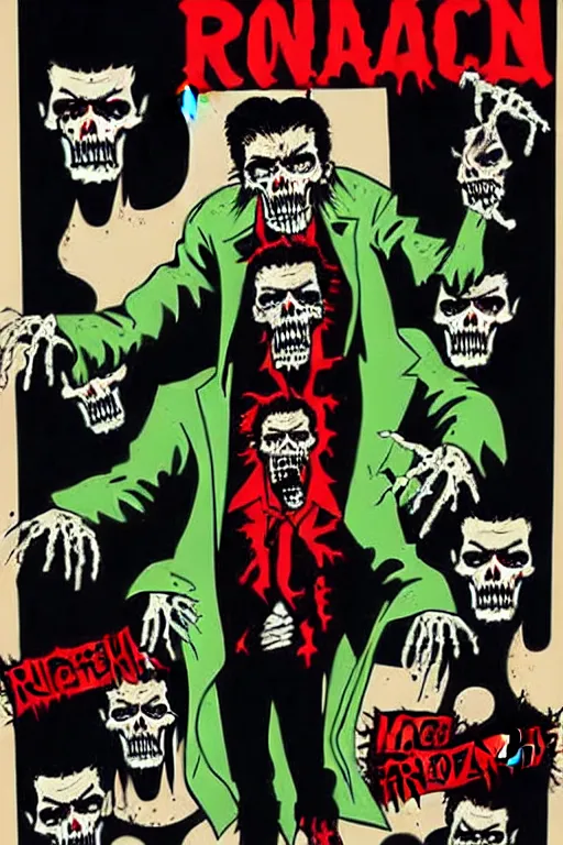 Prompt: undead ronald reagan zombie, punk rock poster, painted by by frank miller and mike mignola