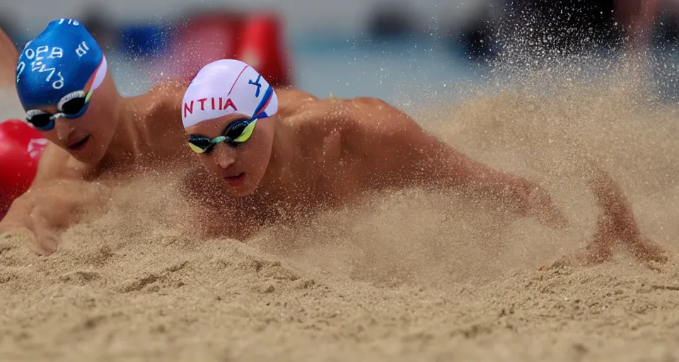 Image similar to olympic swimming in sand instead of water, extremely coherent, motion blur