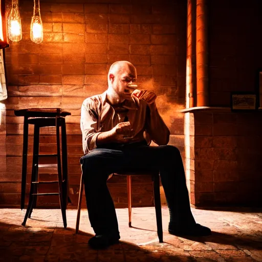 Image similar to guy smoking cigar, sitting on a chair, in a bar, dramatic lighting